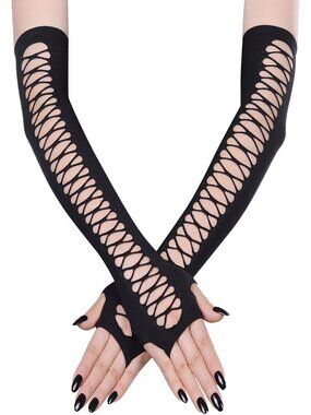 Women's Black Ladder Cutout Long Arm Warmers Fingerless Gothic Cosplay Gloves